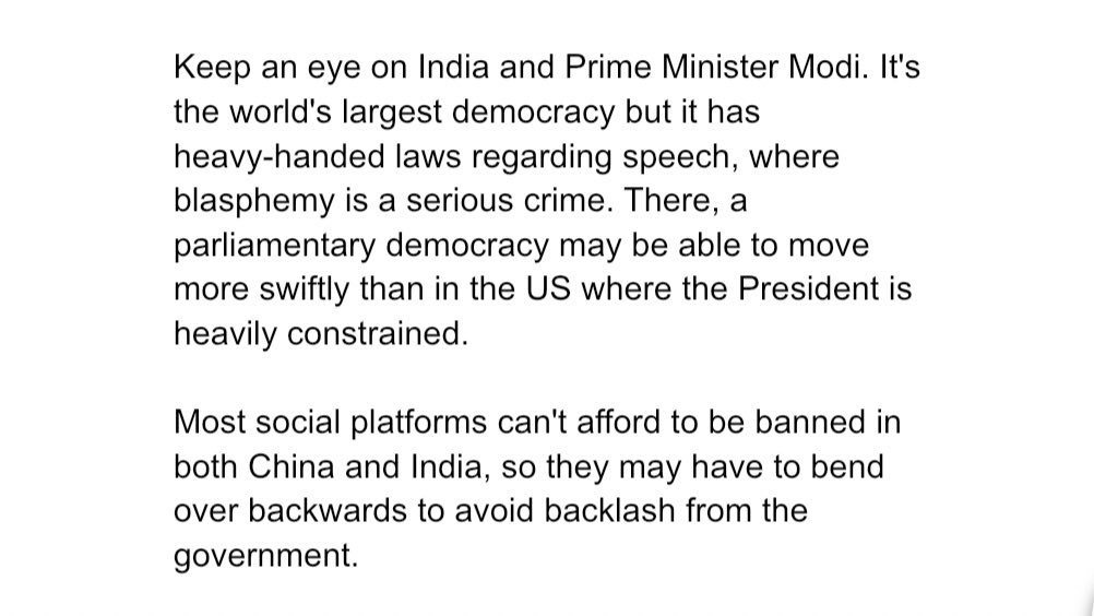 India could be the next policy battleground. Social apps can’t afford to lose the world’s biggest democracy, so they may bend over backwards to keep Prime Minister Modi happy. 4/