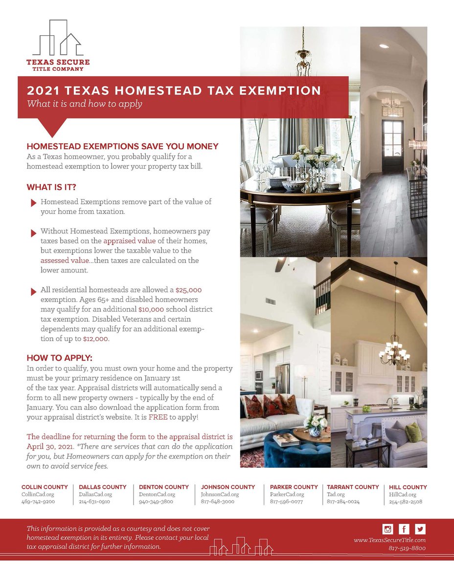 🚨ATTENTION TX HOMEOWNERS 🚨
 This is a friendly reminder to file your Homestead Exemption if you purchased your home in 2020 or if you've never filed an application. 

You can file anytime between January 1st - April 30th.
#movinguprealtygrp #texashomeowner #homesteadexemption