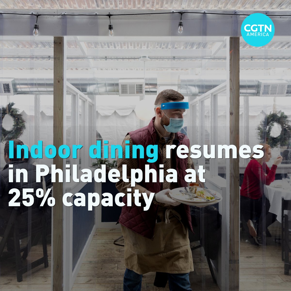 CGTNOfficial's tweet photo. The city of Philadelphia, Pennsylvania has reinstated indoor restaurant dining amid the COVID-19 pandemic Saturday. Capacity is limited to 25% and extra precautionary measures are in place. Many in the restaurant industry hope the move will begin the gradual return to normality. https://t.co/NTNDsdixql