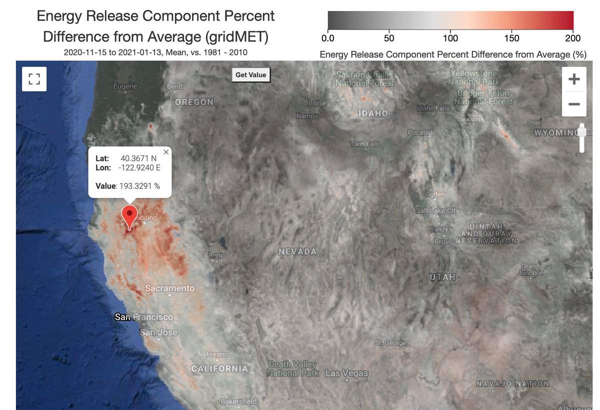 map of the western US showing energy available for wildfires, with large parts of northern california 200% above normal