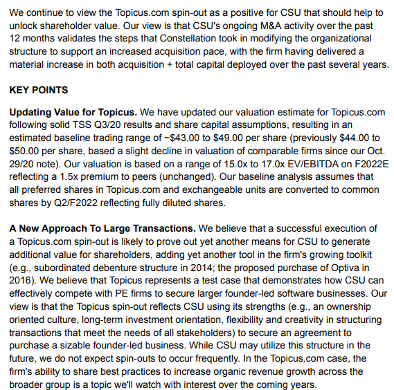 cap_zay's tweet photo. Some interesting comments from Scotia on $CSU.to. Valuation range for Tropicus between 43-49 (my $IBKR BV is ~$40).. I think once we see $TOPCS.to trade, will build more excitement around the story, especially with more spin-outs possible in the future. https://t.co/7naxJHIfRv
