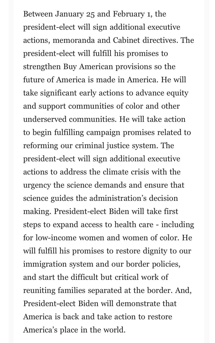 Alex_Panetta's tweet photo. Biden’s chief of staff sent out this memo previewing dozens of executive orders he’ll sign in his first days in office to attack 4 crises: “COVID-19, economic crisis, the climate crisis, and a racial equity crisis.”

Day 1: rejoining the Paris accord and reversing the travel ban https://t.co/WVdGMydacs