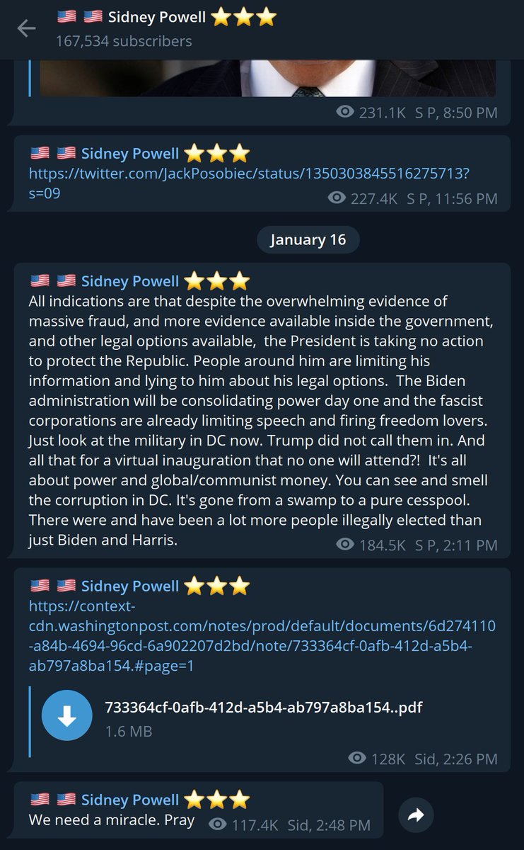 This is from Sidney Powell's Telegram Channel ( https://t.me/SidneyPowell ) suggesting Trump is being insulated and lied to about legal options. She's rather concerned. I wonder how much she's been read in. Also acknowledging Trump is not in charge. . . . 