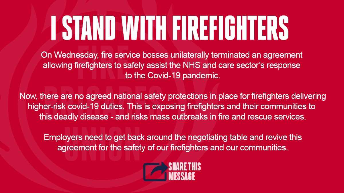 MattWrack's tweet image. RT
Please share

Please support us in standing up for safety.

Firefighters have taken on numerous additional roles to support the fight against Covid.
We want to do that safely - for all of us.

#PutSafetyFirst