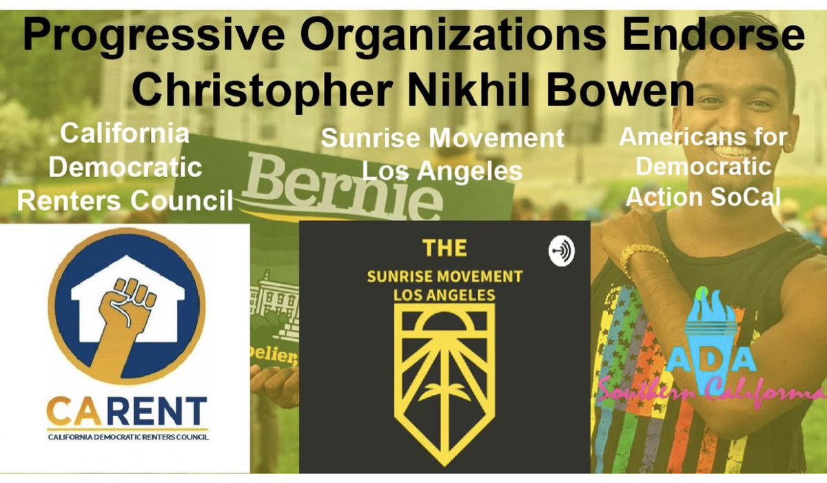 ChrisBowenSoCal's tweet photo. Thrilled to announce endorsements from @SunriseMvmtLA, CA Democratic Renters Council & the Americans for Democratic Action SoCal!
I am running on the AD50 #ProgressiveSlate because the struggle for a #GND♻️, #M4A🏩, & housing justice🏘 must be @CA_Dem priorities NOW! #NotMeUs https://t.co/v1LSHDjJiM
