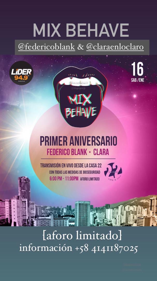 fusiblelive's tweet photo. CELEBRATE with US!
.
•H•O•Y• Sábado 16.01.2021, de 6 a 11 pm, LaCasa22 será la locación perfecta para celebrar el [PRIMER ANIVERSARIO] de MIX BEHAVE, el  programa por 94.9 FM @circuitoliderfm con la buena música de @claraenloclaro &amp;  @federicoblank https://t.co/VY9MioMvMZ