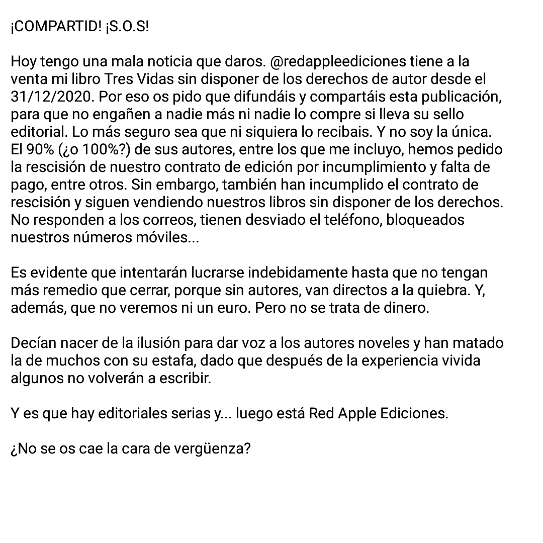 raquel_cgwriter's tweet photo. ¡COMPARTID! S.O.S.
¿No se os cae la cara de vergüenza?
¡Dejad de vender nuestros libros ya!
#peligro #danger #estafa #editorial #redappleediciones #moroso #engaño #secuestro #libro #autor #book #booklover #leer #frases #librosrecomendados #literatura #bookstagram #escritos #share https://t.co/WnbJFMkFvS