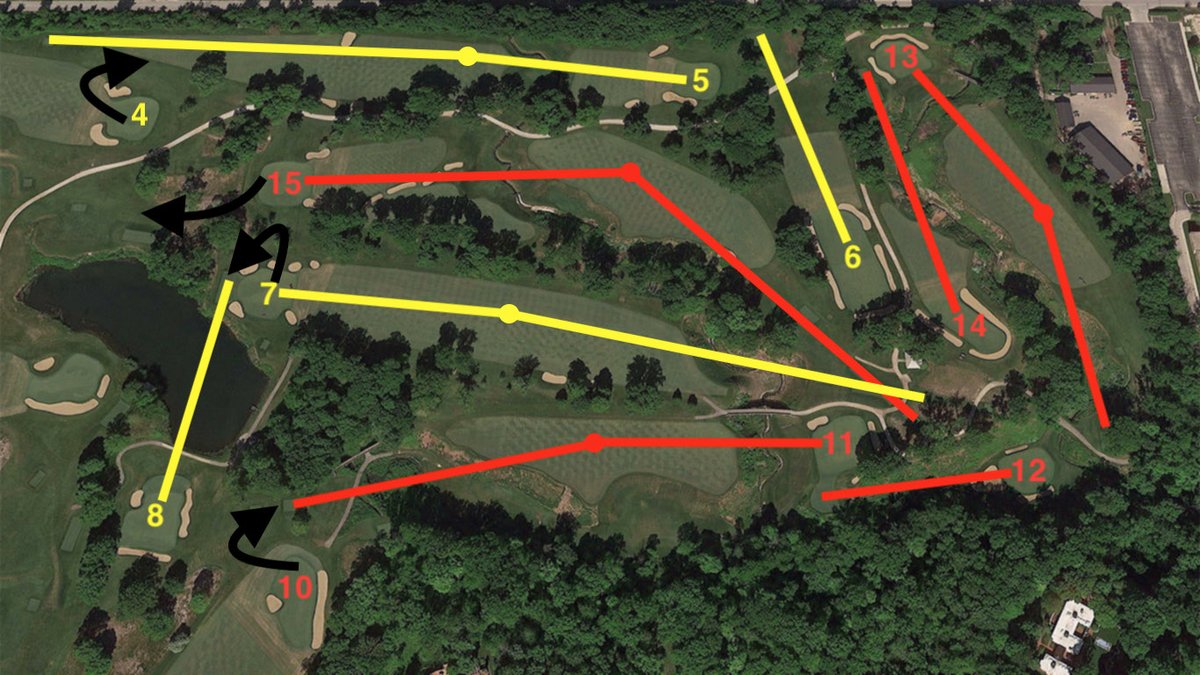 But here’s what puts it over the top for me: the course visits this part of the property at two completely different moments in the round. It enters and exits the area four separate times (marked by arrows below), and the holes fit together like puzzle pieces.