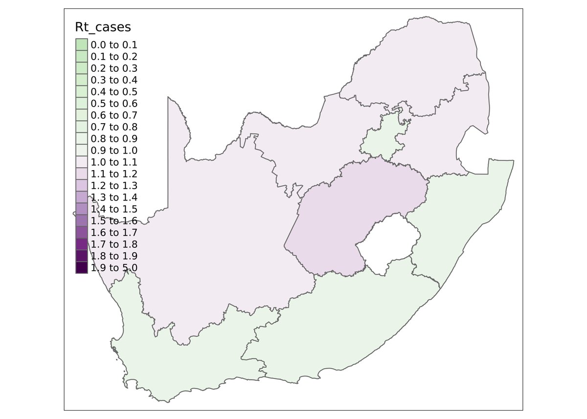 The reproduction number of SARS-CoV-2 continues to rapidly fall in South Africa. It's estimated at 0.9 on average over last 7 days That's bellow 1! Four provinces (including most populous provinces) are below 1.