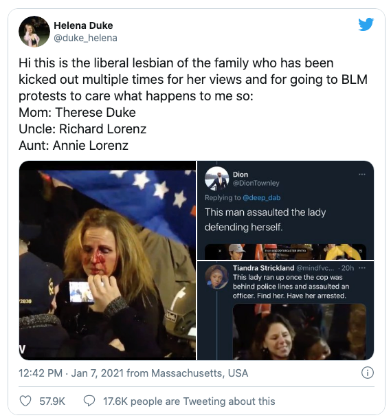 FIRED: Therese Duke’s identity was exposed by her 18 y.o. daughter. The evening before the Capitol riots, she harassed and assaulted a Black female security guard who then punched Therese in her face. Days later, Therese was fired from UMass Hospital 1/2  https://www.yahoo.com/news/maga-protester-punched-black-woman-215801637.html