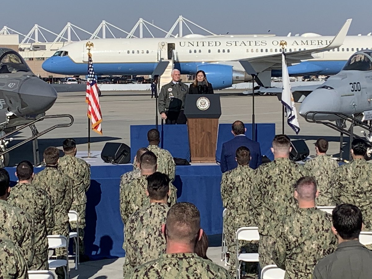 .@VP Mike Pence and @SecondLady Karen Pence just arrived to Naval Air Station Lemoore to meet with and speak to roughly 100 sailors and military families. “We’ve rebuilt our military,” the vice president said.