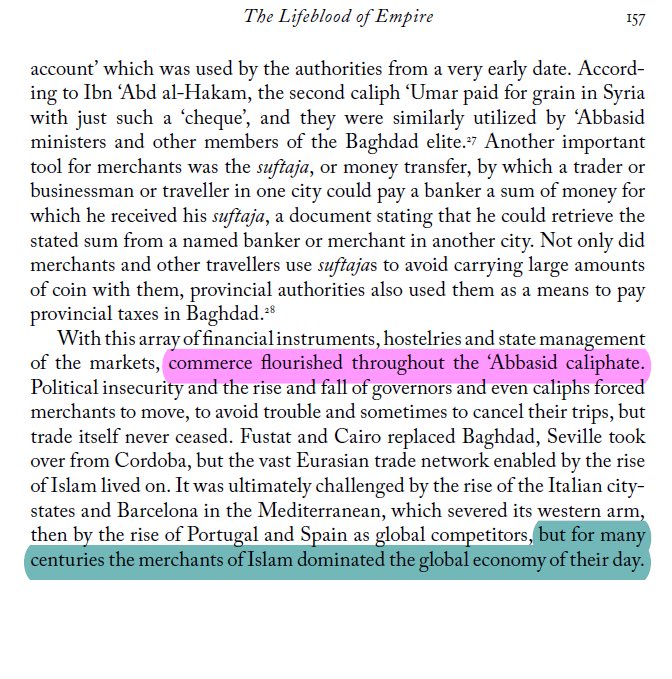Fait intéressant, le système de marché libre de l'Islam dominait l'économie mondiale de leur temps.Par conséquent, cela sert un ajout au fait que l'économie islamique est clairement la meilleure conjecture pour la prospérité mondiale.Amira Bennison, The Great Caliphs. p.157