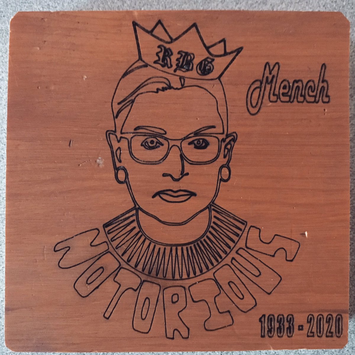 LEHSAPGOV's tweet photo. 👑N O T O R I O U S👑  (A current student made this wood-burned RBG artwork for me, his AP Govern”Mench” teacher. How thoughtful &amp; magnificent!?!) https://t.co/HnZRk478eU