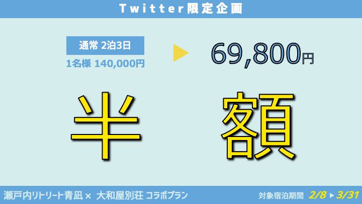 wakadanna_coo's tweet photo. コロナに立ち向かうべく、愛媛を代表するリゾートホテル『瀬戸内リトリート青凪』さんと弊館『大和屋別荘』で、恐らく二度と実現できないであろう価格・内容のコラボプランを販売します!! Twitter限定告知で、先着10組様までなのでお早めに!!

▼ご予約はコチラから▼
https://t.co/TlgQ4UqTM9 https://t.co/lWL26OffGR