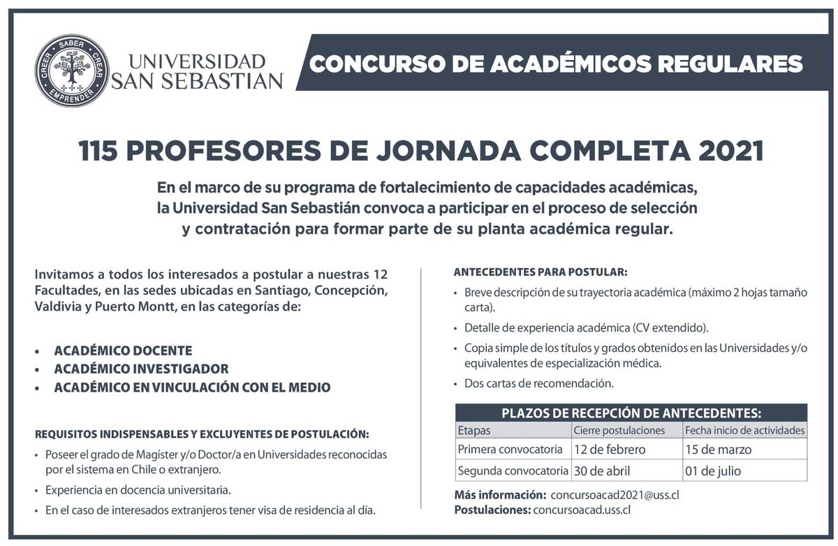 cpvio's tweet photo. Concurso académico para fortalecer capacidades académicas en investigación, docencia, y VcM. La Tercera 17 enero 2021. @inv_uss @USanSebastian @GaboTuitero @burgospa @bredokerr @Mrojas_Abalos @AlvaroLladser @ctorrear @aisenamalia  @min_ciencia https://t.co/lGZ722MSH6