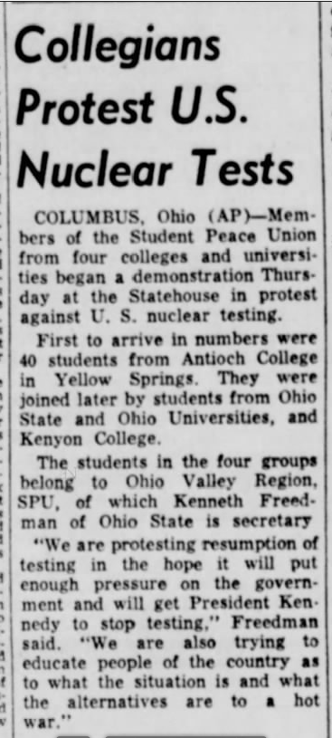 April 1962: College students with the Student Peace Union protest against U.S. nuclearing testing -- featuring students from Ohio State University, Ohio University, Antioch College and Kenyon College