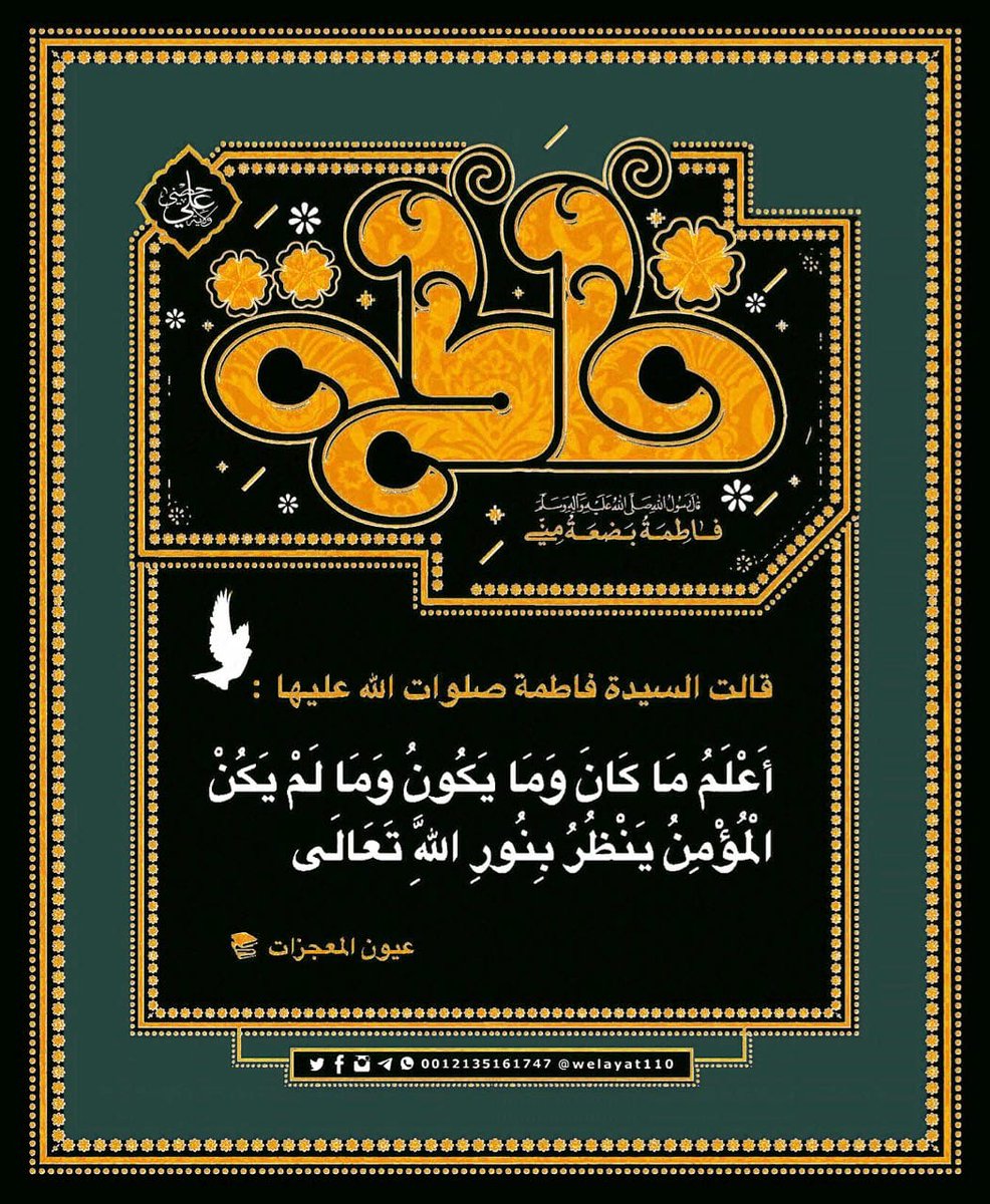 #فاطمة_الزهراء صلوات الله عليها 

أَعْلَمُ مَا کَانَ وَ مَا یَکُونُ وَ مَا لَمْ یَکُنْ

#ولاية_علي
#فاطمة_الزهراء 
#لعن_الله_ظالميكِ_يافاطمة 
 
🆔 instagram.com/welayat110
