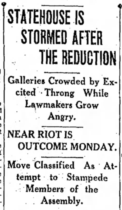 June 1931: Hundreds of state employees "stormed the statehouse" to protest salary cuts. Among those present were "veteran departmental workers, girl stenographers, husky penitentiary guards, institutional employees and men and women clerks"It was described as a "near-riot"