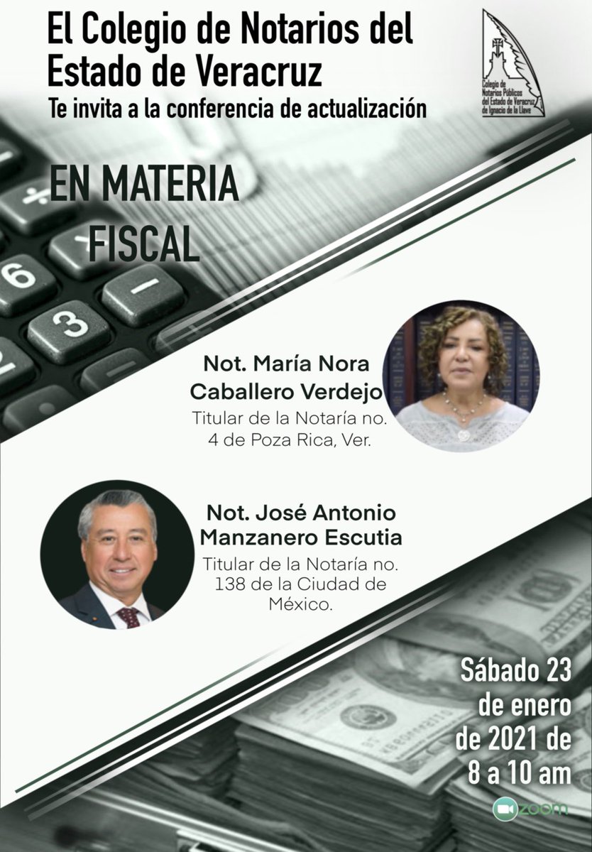 El Colegio de Notarios del
Estado de Veracruz te invita a la
Conferencia de Actualización en Materia Fiscal que se llevará a cabo el sábado 23 de enero de 8:00 a 10:00 hrs.

En los próximos días les estaremos compartiendo el link de acceso a la plataforma.
