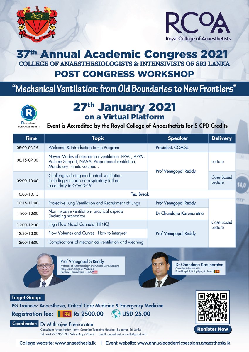 AAC 2021 - College of #Anaesthesiologists &amp; Intensivists of #SriLanka
Post Congress WS on #Mechanical #Ventilation
Event is accredited by the <a href="/RCoANews/">Royal College of Anaesthetists</a> for 5  CPD credits
Registration still open  
anaesthesia.lk/overseas-regis…