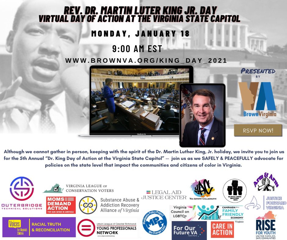 The_BKC's tweet photo. 5. Veterans Affairs (hosted by Michael Feggan with special guest Secretary Carlos Hopkins)
6. Educational Equity: How to better serve marginalized communities in VA (Hosted by NTOY 2019 Rodney Robinson)
#ADayOnNotOff #BrownVaMLKDay
Register here-> https://t.co/poEBXCt0NL https://t.co/PfR9eOcPec