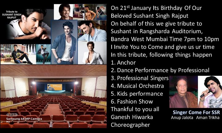 GHiwarkar's tweet photo. He entertain us for approx 10 years now it’s time to entertain him,
make a big success event just for our Sushant.
Artist come today N
All SSRIANS COME ON 21st January 6pm at RANGSHARDA AUDITORIUM BANDRA (w)MUMBAI
@shwetasinghkirt @republic @smitaparikh2 @anupjalota @AamanTrikha https://t.co/IWRDfQdPlh
