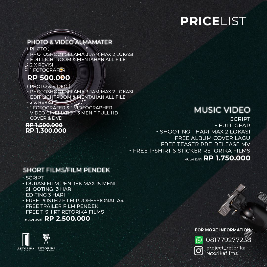 Retorika Films Project menyediakan jasa dibidang Foto &amp; Video.

Selain itu juga kita membuka jasa untuk Short Films, Foto Produk, Music Video, Etc.

Untuk booking bisa chat nomor dibawah ini
📞081779277238

BOOKING NOW!!!
