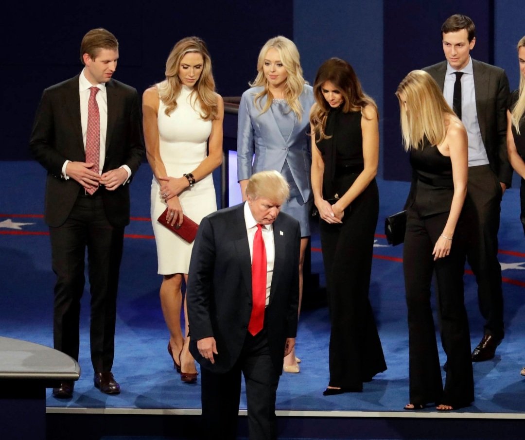 Following the moment captured above Trump stood on the stage fuming and alone, while Clinton, smiling, circulated amongst the crowd of debate watchers. The contrast was striking. Trump's family stood by awkwardly and looking grim.Even they could not pretend.13/