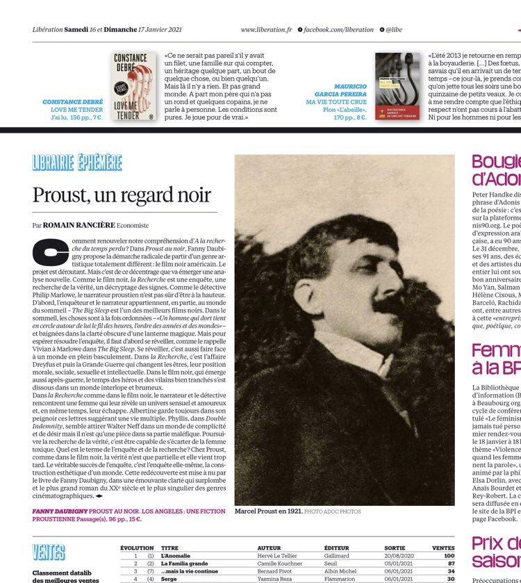DaubignyFanny's tweet photo. Dans le cahier Livres ce week-end, le journal Libération publie ‘Proust, un regard noir.’ Un nouvel éclairage sur l’actualité de mes enquêtes proustiennes. À lire absolument.
@libe @Ed_Passages @SDSUPress #marcelproust #proust #cinema #littérature #critique #revue #livres https://t.co/OdfVUMLC2H