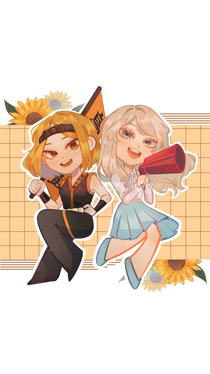 multiple girls megaphone 2girls blonde hair flower smile chibi  illustration images