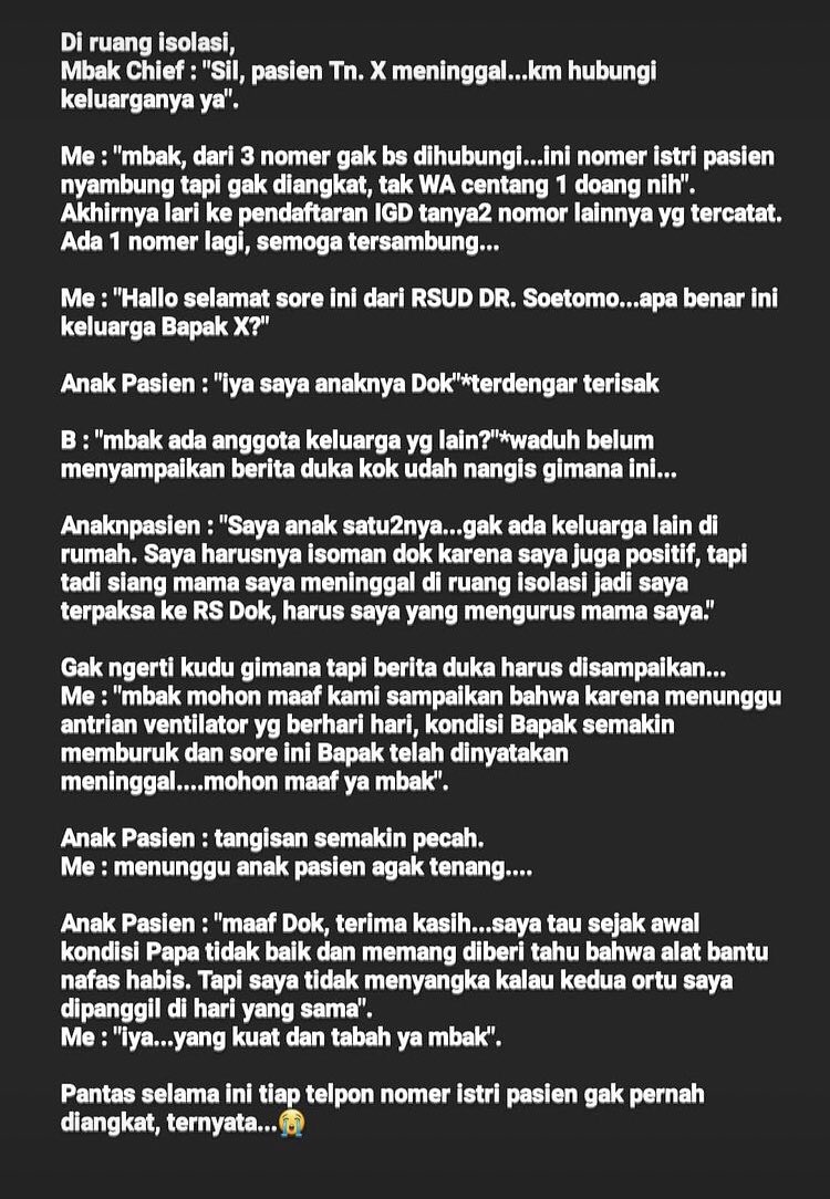 Story IG dokter yg tugas di Ruang Isolasi RSUD dr Soetomo pagi ini. Jangan tunggu ini terjadi sama keluarga kalian. Please, stop being selfish and ignorance...