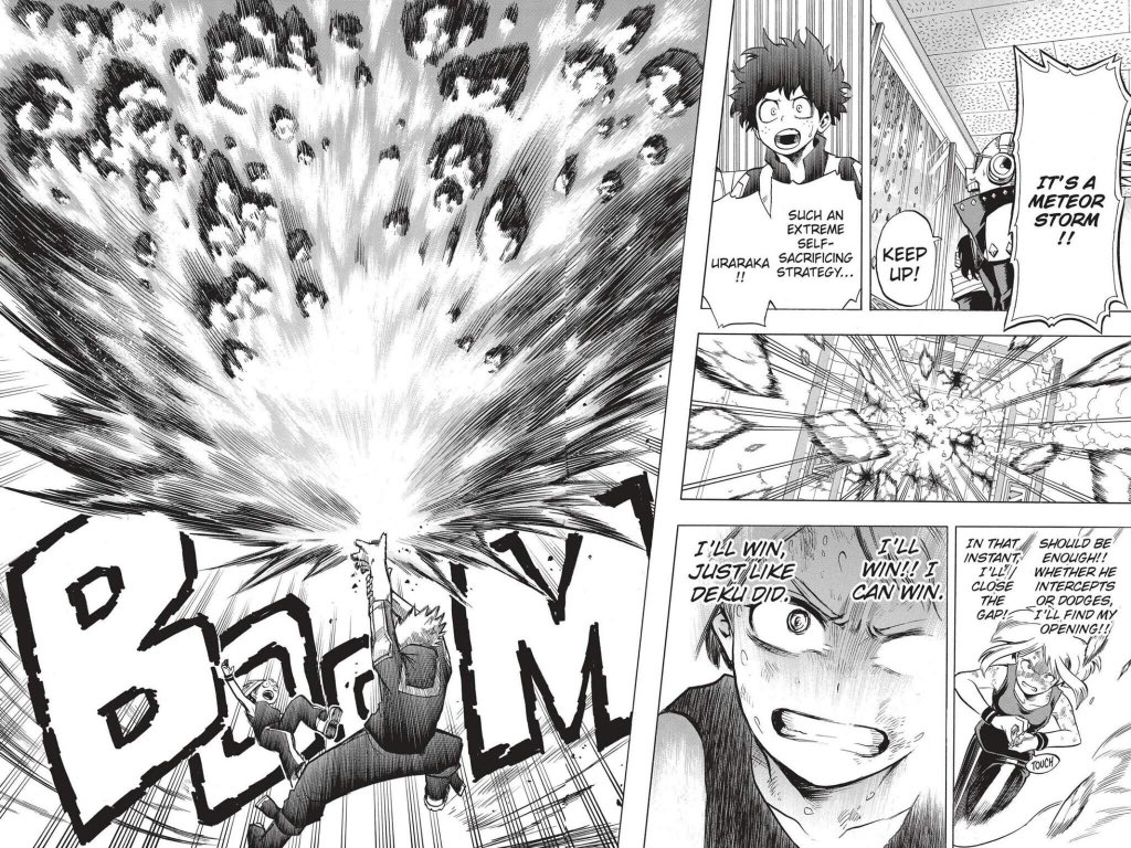izuku emphasizes the ease of bakugo in being able to move in the airbut in order not to hurt uraraka, bakugo decided to take the debris head-on and explode itthen he could have dodged and it would have hurt her