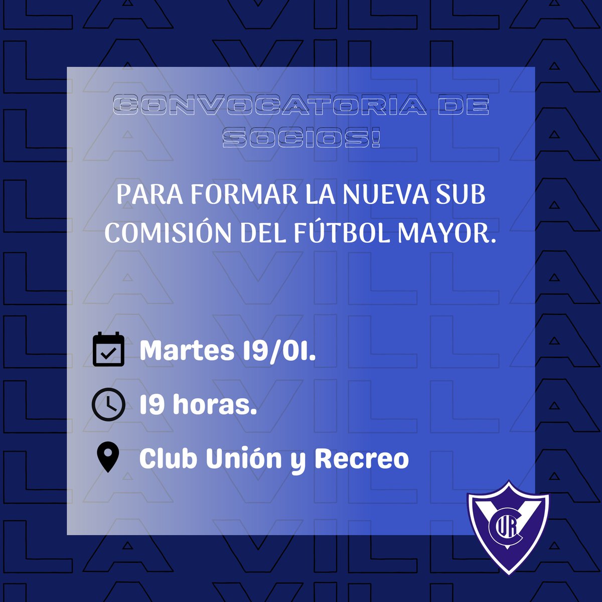 Union_yRecreo's tweet photo. Para todos los socios, les contamos que estamos haciendo una convocatoria para quiénes quieran formar parte de la Nueva Sub Comisión del Fútbol Mayor del Club Unión y Recreo.
Habrá una reunión el día martes 19/01, a las 19 horas, en la sede de nuestra institución. https://t.co/f2zjQPuvXb