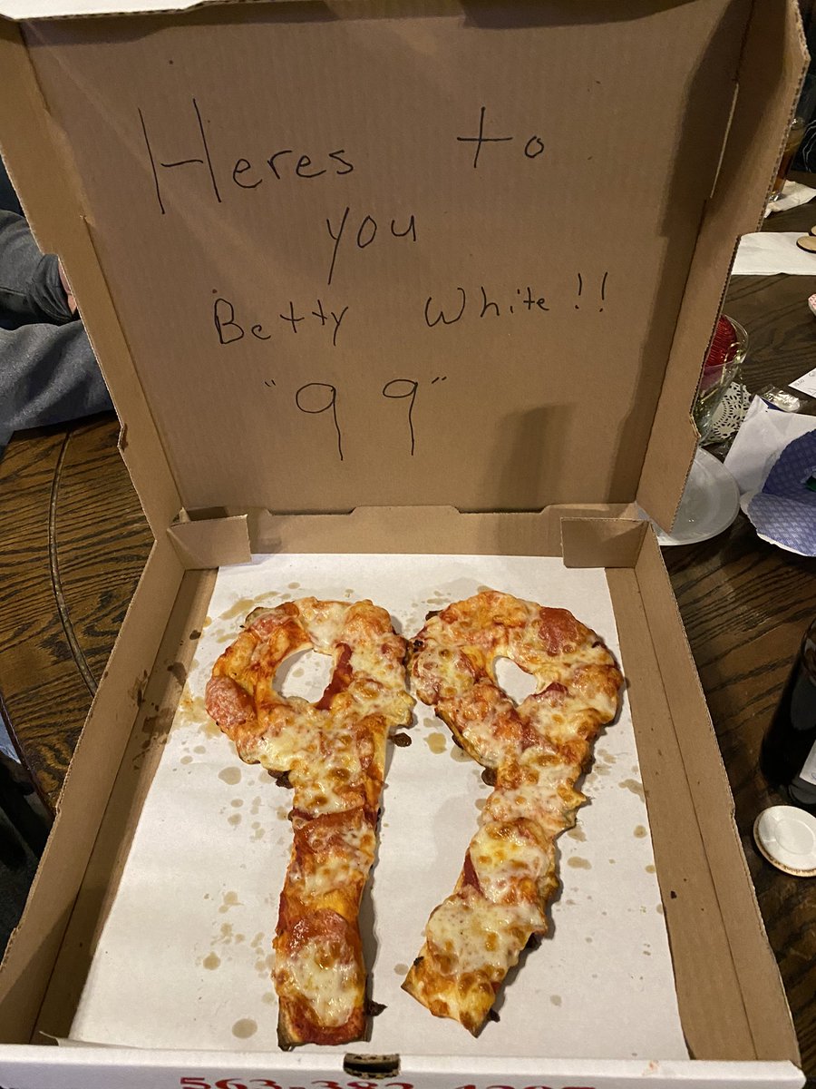 <a href="/BettyMWhite/">Betty White</a> our local pizza place made a pizza to celebrate America’s sweetheart &amp; my favorite woman in the world’s birthday. You’re my inspiration. Happy 99th birthday. <a href="/mabespizza/">Mabe's Pizza</a> in Decorah. Iowa.