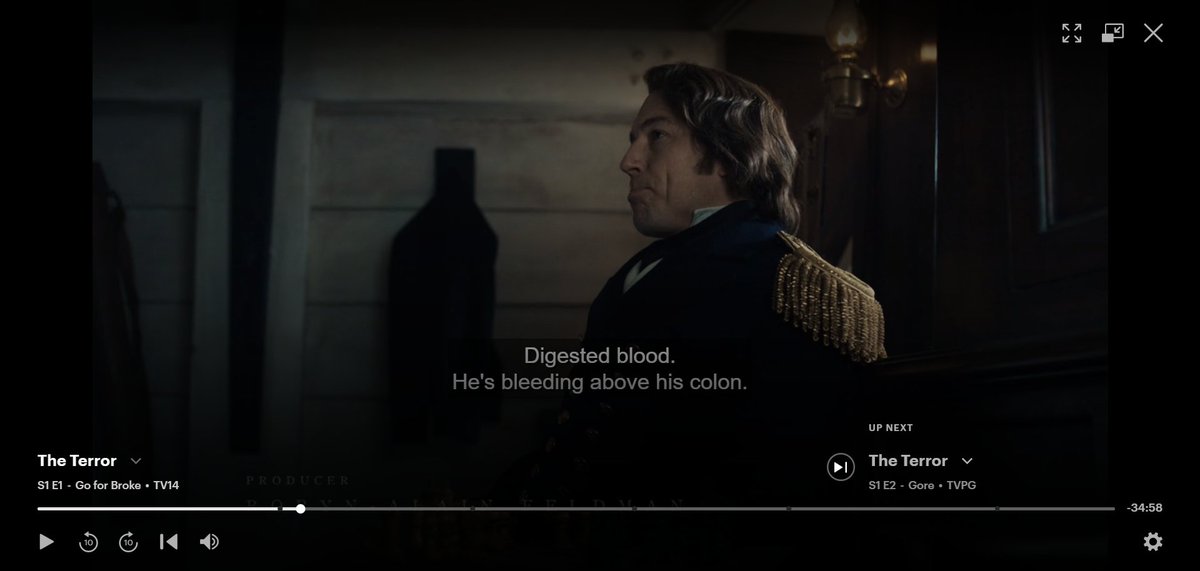 this whole sequence was a treat for me! macdonald's clinical reasoning is sound to me, and his distinction of upper GI (dark and digested blood) vs lower (bright and undigested) GI bleeding was something i'd NEVER expected from a prestige period piece