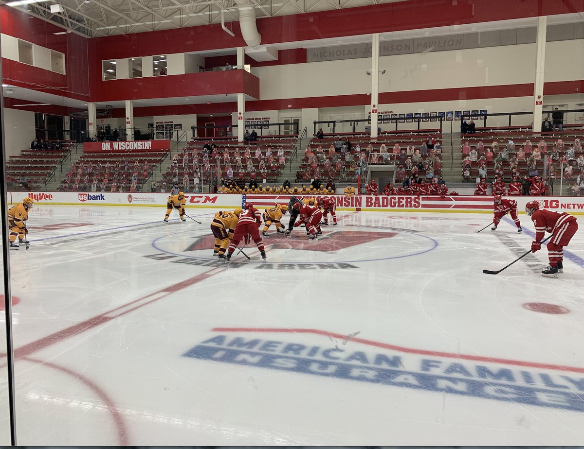 BadgerMHockey's tweet photo. The matchup between the Badgers and ASU is underway!

Lookin a bit like ketchup and mustard out there! https://t.co/3MCOdOwPvp