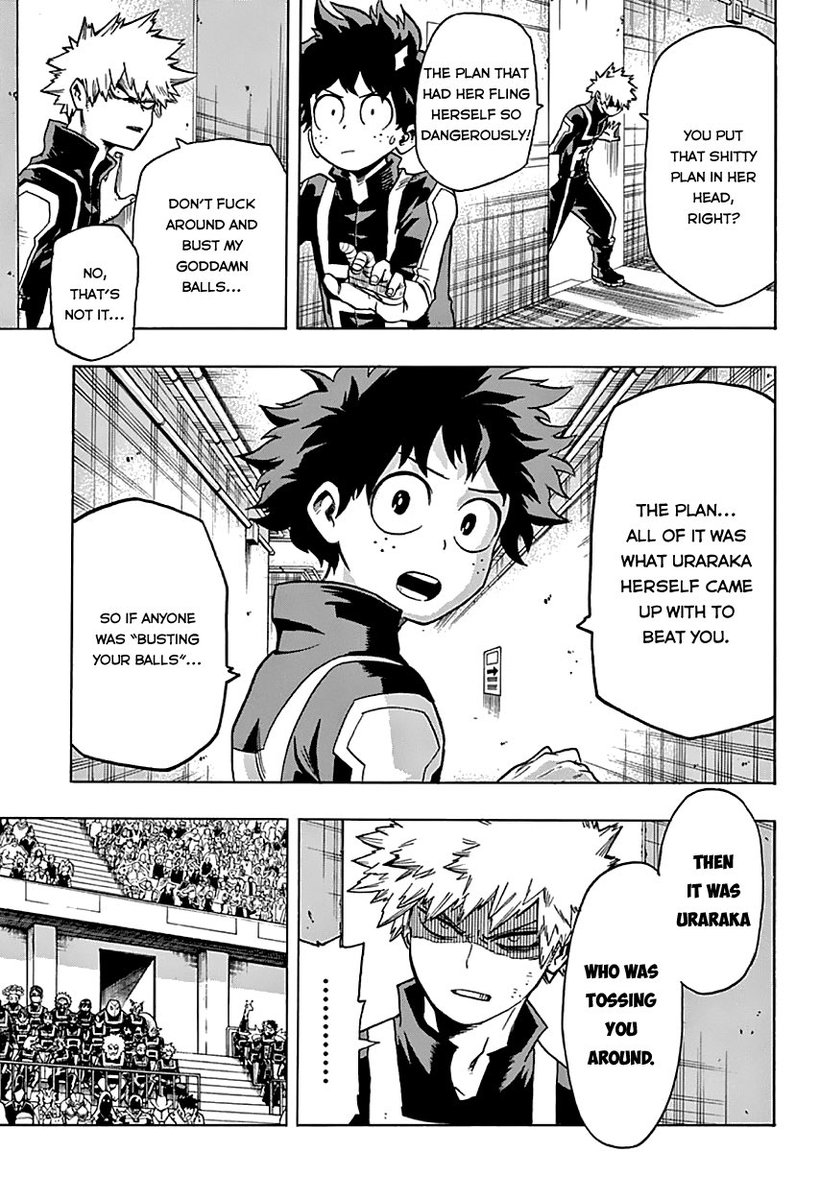 THIS SCENE MEANS EVERYTHINGFirst I wanted to underline bakugo's guilt for having almost killed herhe doesn’t want to carry this guilt so he first accuses deku of having endangered her he supports the fact that she could have put herself in real danger = he worries