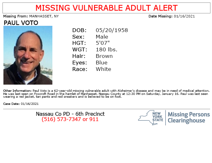 NotifyNYC's tweet photo. #MissingVulnerableAdult Paul Voto, M/W/62 from Manhasset, NY. The missing has Alzheimer's and may be in need of medical attention. Seen? Call 9-1-1.Multilingual &amp; ASL Link: https://t.co/YuJCWU4Yr9 https://t.co/ilzFmoj4E8