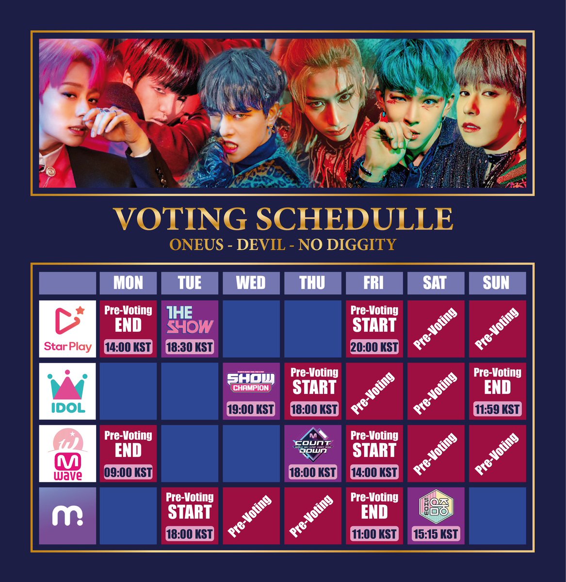 oneusvoting's tweet photo. 🔥Meta Thread for Music Show Guides

To Moons, as DEVIL is about to blast its way into our lives, are you ready to help ONEUS on their quest for that first win?!💪

This thread has all you need to know about Music Show Voting! Starting with the voting schedule!👇
#원어스 #ONEUS https://t.co/xfo6g0rEN8