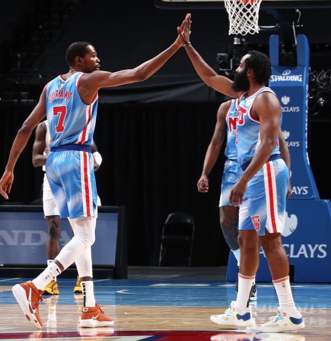 TheHoopCentral's tweet photo. Kevin Durant x James Harden tonight:

-Durant: 42 PTS - 4 REB - 5 AST - 61 FG%

-Harden: 32 PTS - 11 REB - 14 AST - 44 FG%

Harden is the 1st player in NBA history with a 30-point triple-double in his debut. This duo. 🔥🔥 https://t.co/bNJYT2cIBz