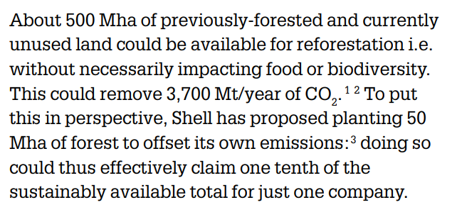 Yet some companies, as this Greenpeace UK report points out, are assuming quite large amounts of CDR. Shell would use a 10th of land available for reforestation; ENI + British Airways' parent company would use 12% of forest-based CO2 abatement potential  https://www.greenpeace.org.uk/wp-content/uploads/2021/01/Net-Expectations-Greenpeace-CDR-briefing.pdf