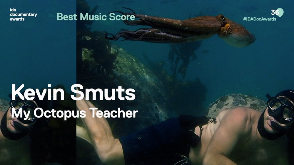 IDAorg's tweet photo. The 2020 #IDADocAwards for Best Music Score goes to composter @KevinSmuts for his work in 'My Octopus Teacher' 🐙🐙🐙🐙🐙 https://t.co/vpIWuc8IJU