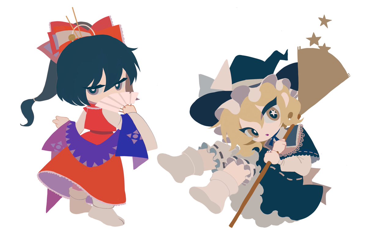 hakurei reimu ,kirisame marisa multiple girls 2girls blonde hair hat witch hat broom bow  illustration images