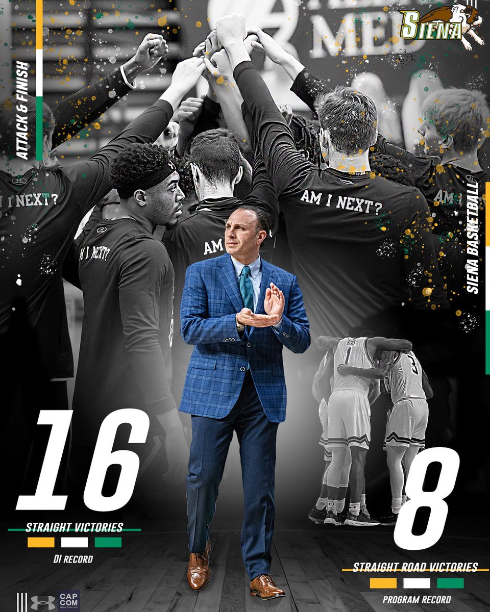 SienaMBB's tweet photo. 𝐇𝐈𝐒𝐓𝐎𝐑𝐘‼️

A 74-72 triumph at Rider makes it a Division I record 1⃣6⃣ straight wins, and a program record 8⃣ consecutive road victories‼️ 

#MarchOn | #SienaSaints | #MAACHoops | #NCAAM | #Attack | #Finish | #EAT https://t.co/molXNtMqAp