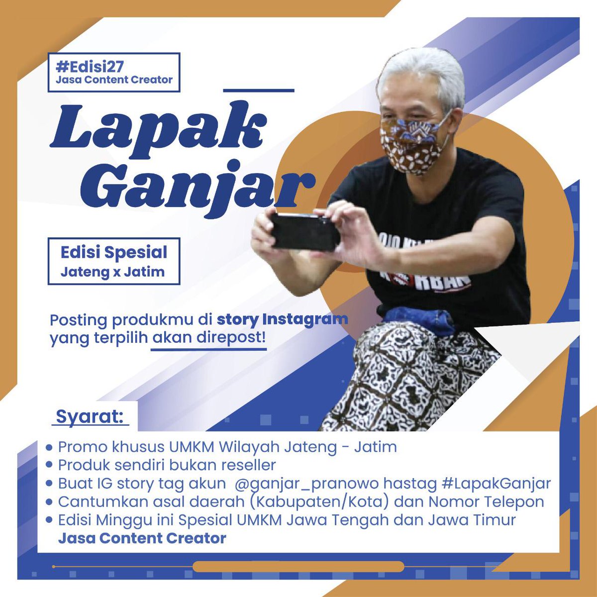 #dpusdatarujtg
yang punya usaha jasa content creator
#Edisi27

Yuk mari post di story IG dan tag akun pak <a href="/ganjarpranowo/">Ganjar Pranowo</a> 
Jangan lupa cantumkan asal daerah dan no telponnya ya.. 
#JatengGayeng