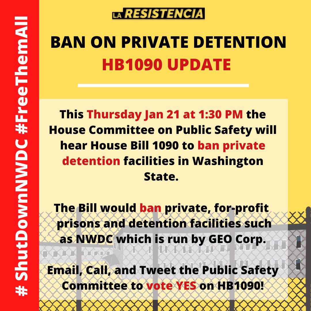 ResistenciaNW's tweet photo. BAN ON PRIVATE DETENTION HB1090 Hearing This Thursday 1/21 @ 1:30 PM @ House Committee on Public Safety in WA State.
Email, Call, &amp; Tweet the Committee to vote YES!
Swipe for Call Script, Reps contact info, links to Legislator search, How to comment &amp; testify #FreeThemAll https://t.co/6AcimSDBhL