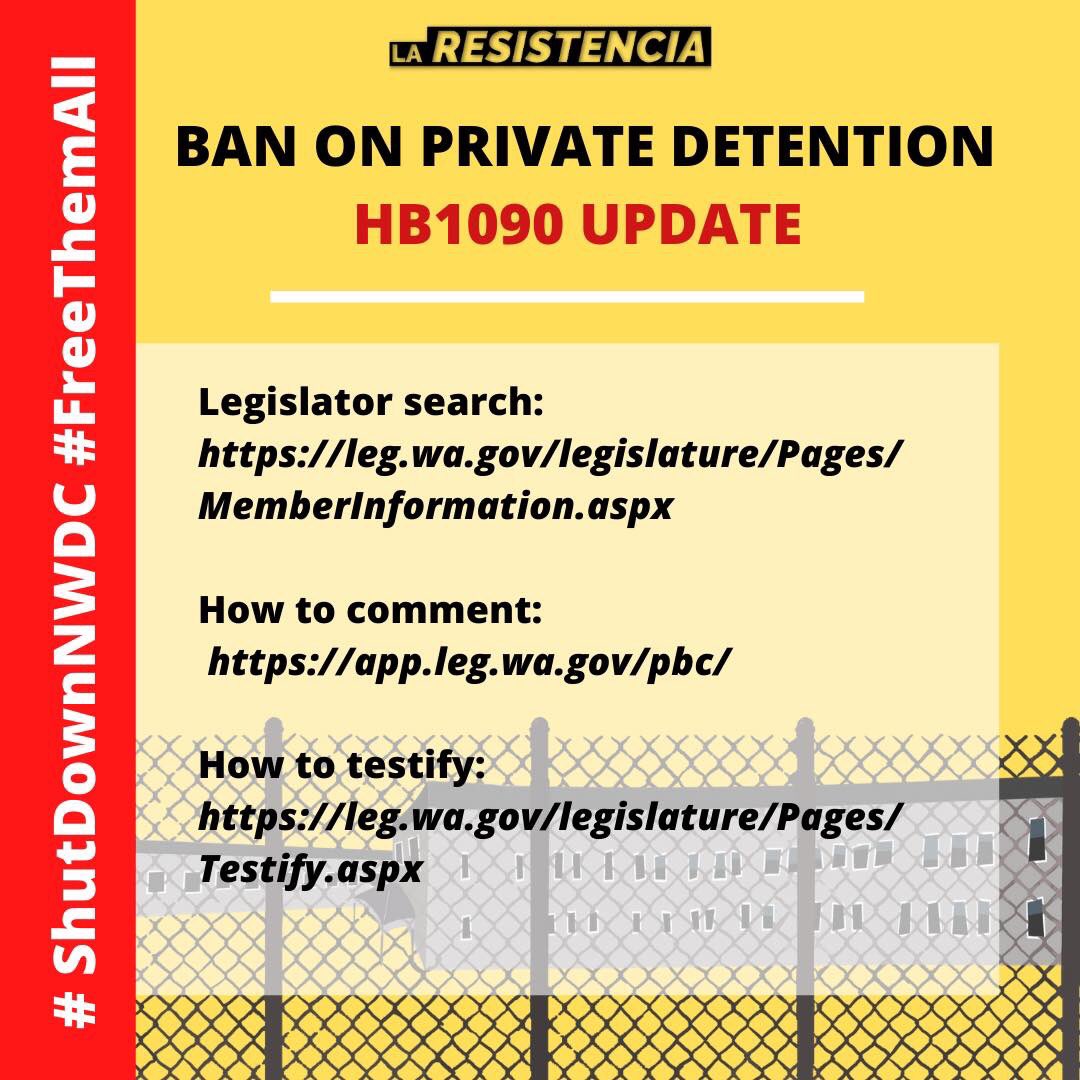 ResistenciaNW's tweet photo. BAN ON PRIVATE DETENTION HB1090 Hearing This Thursday 1/21 @ 1:30 PM @ House Committee on Public Safety in WA State.
Email, Call, &amp; Tweet the Committee to vote YES!
Swipe for Call Script, Reps contact info, links to Legislator search, How to comment &amp; testify #FreeThemAll https://t.co/6AcimSDBhL