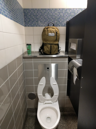 Still peanuts:we need place to put our stuff on (bags, water bottles etc). Airports have solved it by having shelves in the bathroom:  #sciArch 12/N