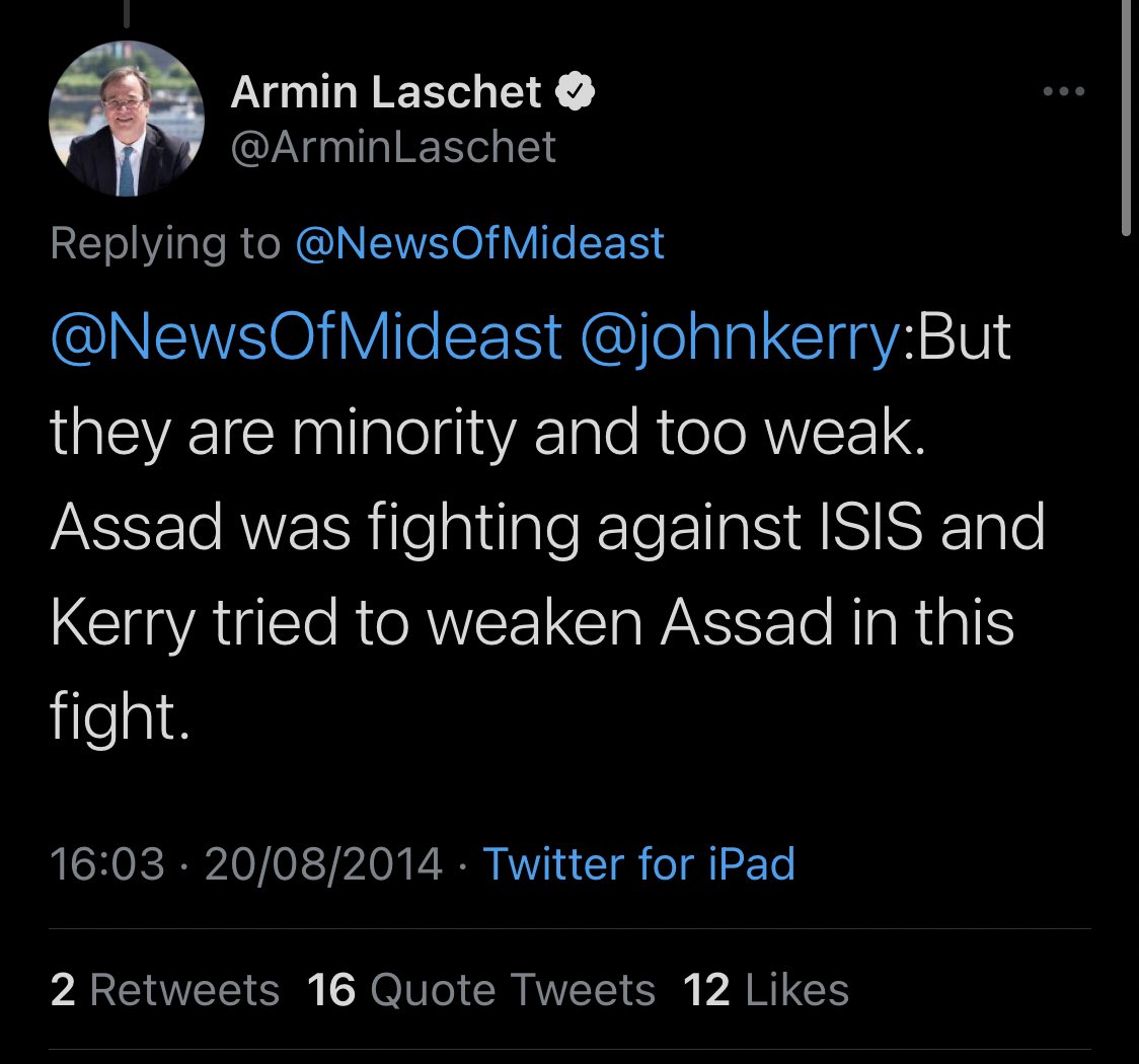 Just flagging the new head of the CDU and likely Merkel successor was a pro-Assad John Kerry reply guy.