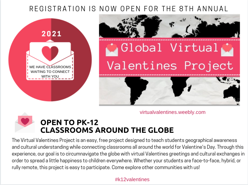 mrs_smoke's tweet photo. Our 8th Annual Virtual Valentine's Project is live and ready for registrations. It's a simple collaborative project where your students create digital valentines for another class, conduct research, and meet in a class to class virtual call. https://t.co/On8G514Dal #k12valentines https://t.co/NTFhSqXFyO